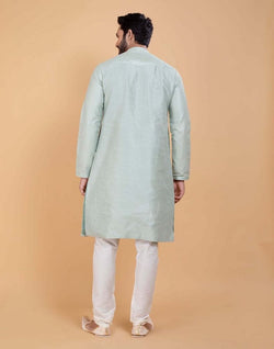 Collection of Sky Blue Soft Silk Fabric With All Silver Zari Work Kurta Set in a gallery layout