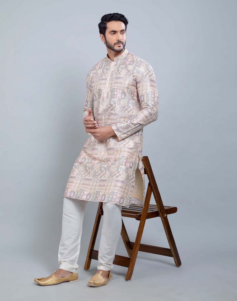 Fawn Colour All Over Printed With Silk Zari Work Kurta Set