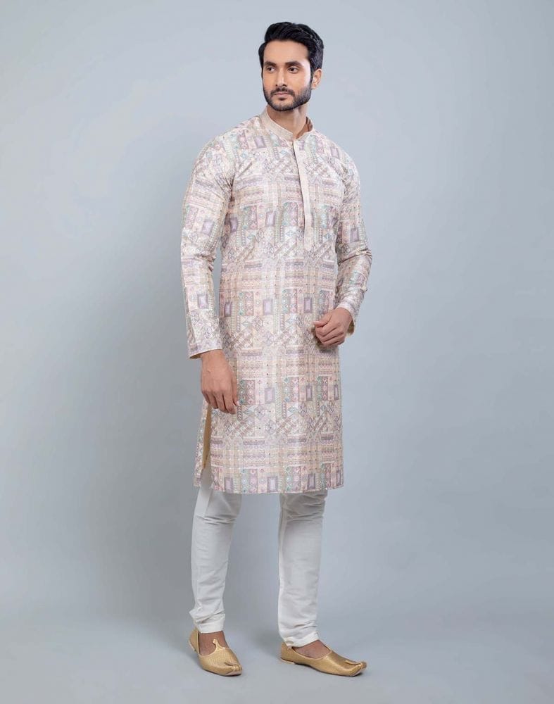 Collection of Fawn Colour All Over Printed With Silk Zari Work Kurta Set in a gallery layout