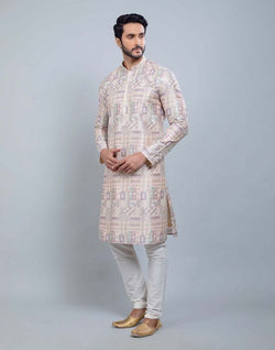 Collection of Fawn Colour All Over Printed With Silk Zari Work Kurta Set in a gallery layout