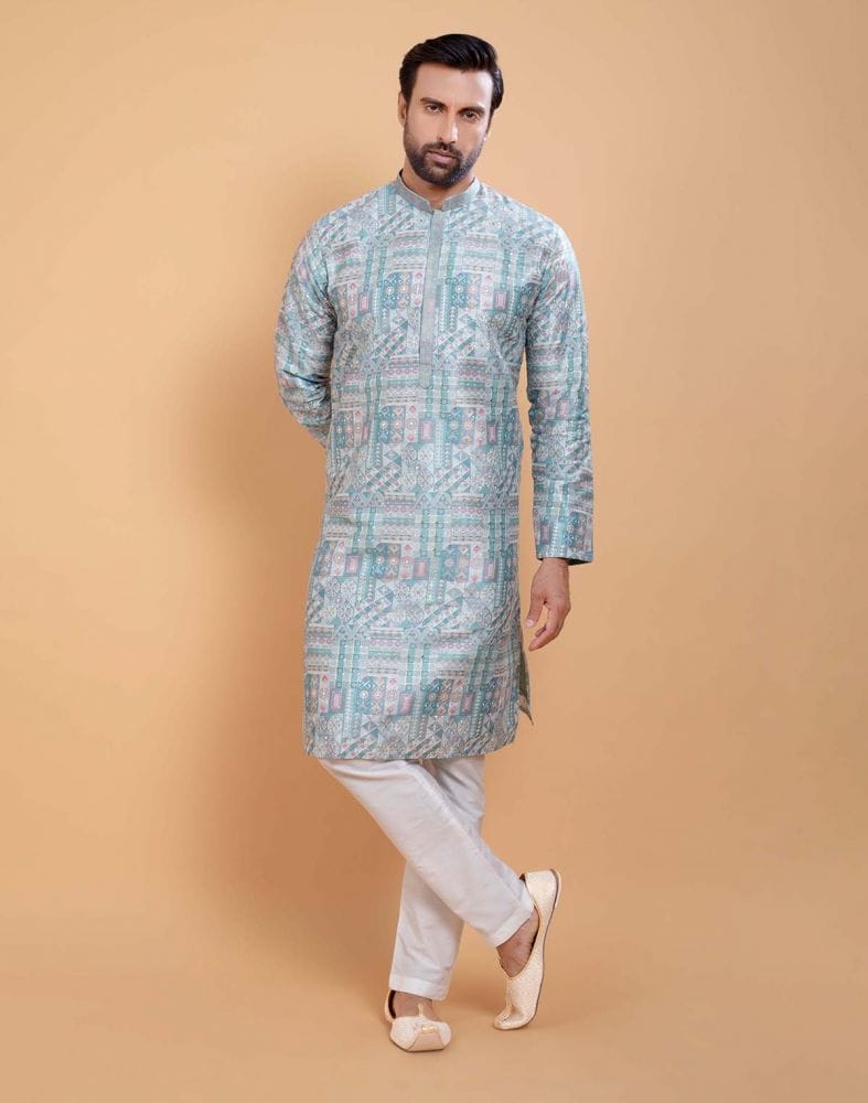 Sky Blue Coloured All Over Printed With Silk Zari Work Kurta Set