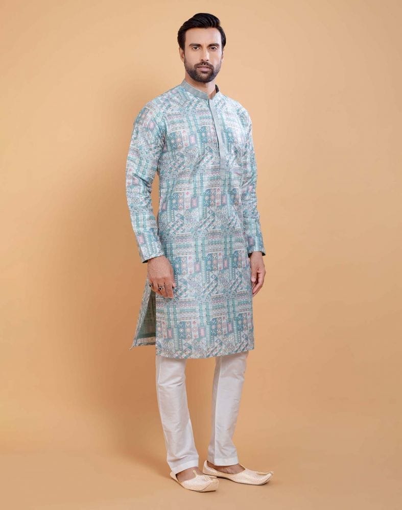 Collection of Sky Blue Coloured All Over Printed With Silk Zari Work Kurta Set in a gallery layout