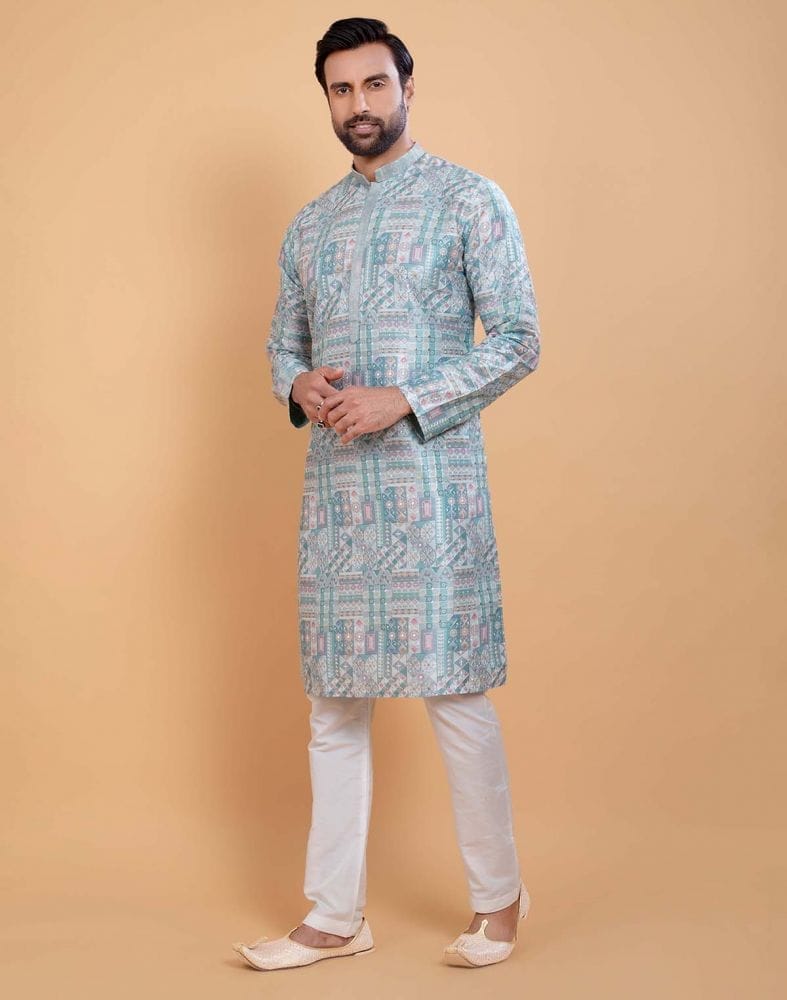 Sky Blue Coloured All Over Printed With Silk Zari Work Kurta Set