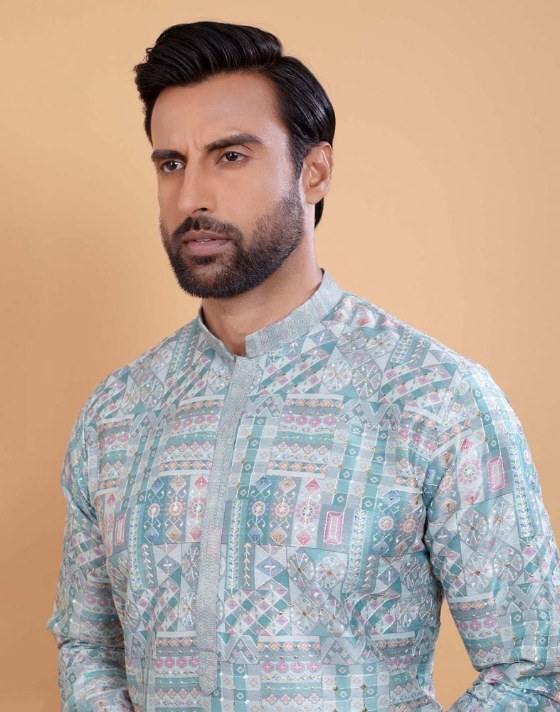 Sky Blue Coloured All Over Printed With Silk Zari Work Kurta Set