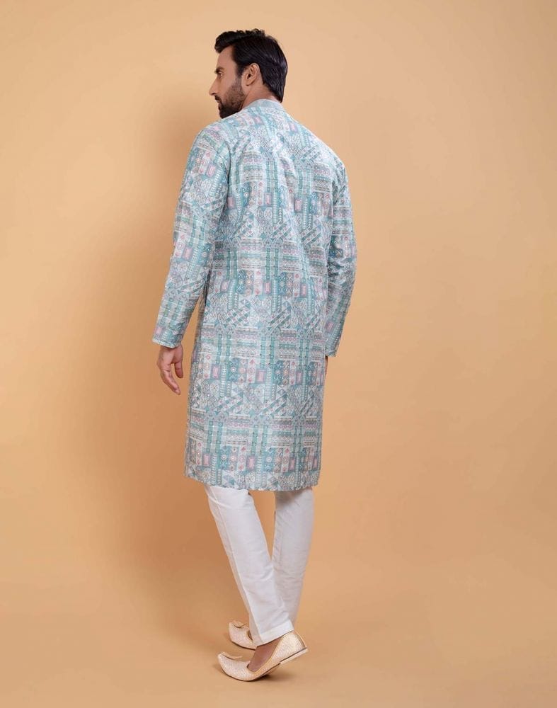 Collection of Sky Blue Coloured All Over Printed With Silk Zari Work Kurta Set in a gallery layout