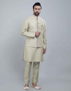 Collection of Self Brocade Design With Soft Silk Kurta Jacket Set in a gallery layout