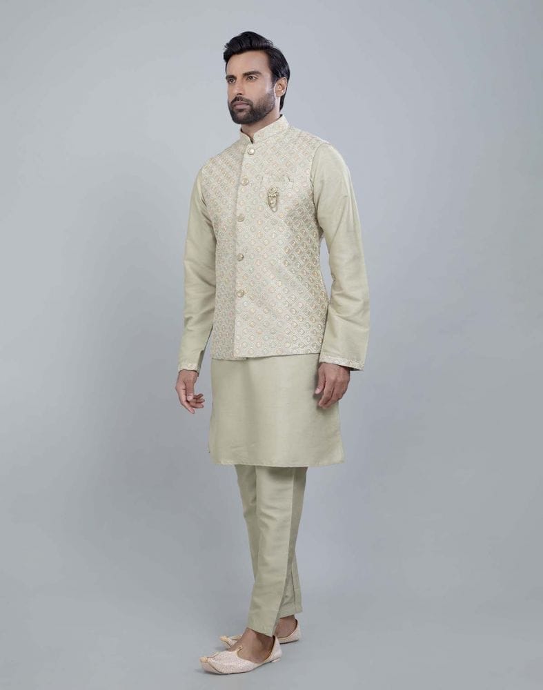 Collection of Self Brocade Design With Soft Silk Kurta Jacket Set in a gallery layout