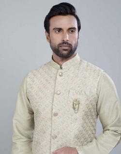 Collection of Self Brocade Design With Soft Silk Kurta Jacket Set in a gallery layout