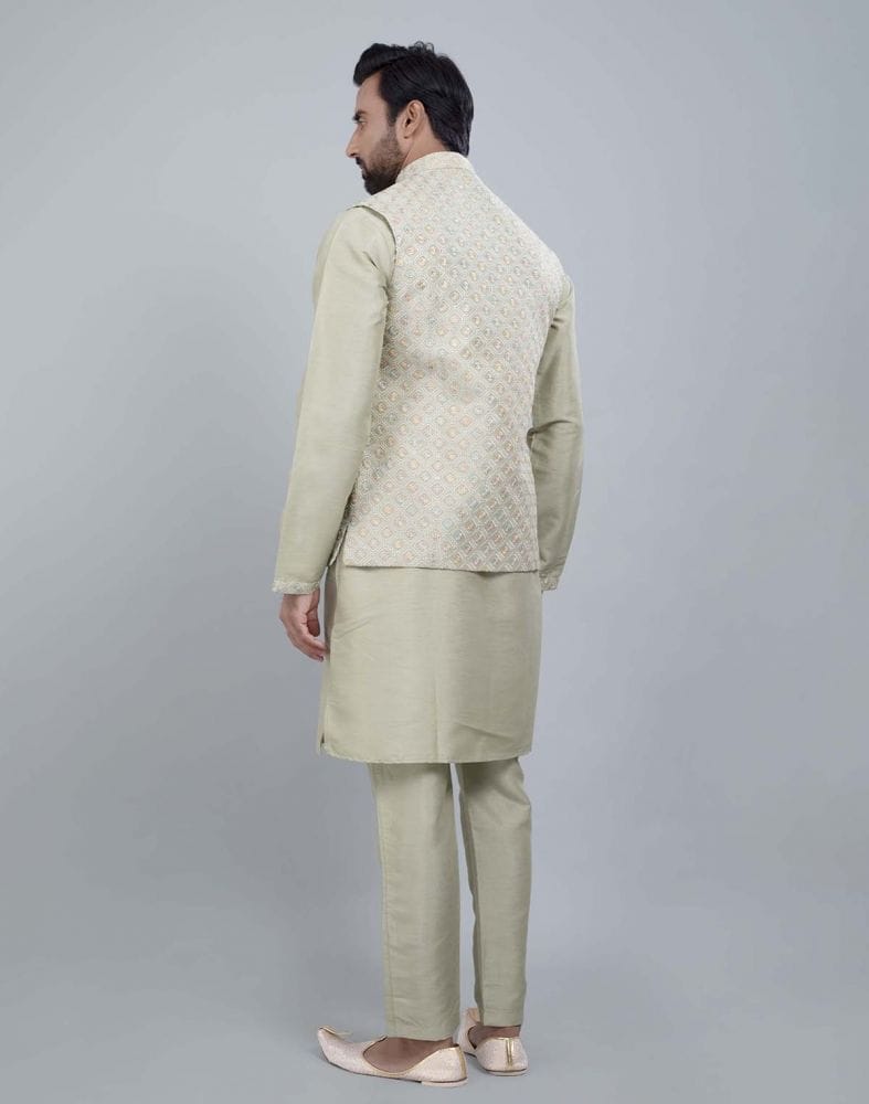 Collection of Self Brocade Design With Soft Silk Kurta Jacket Set in a gallery layout