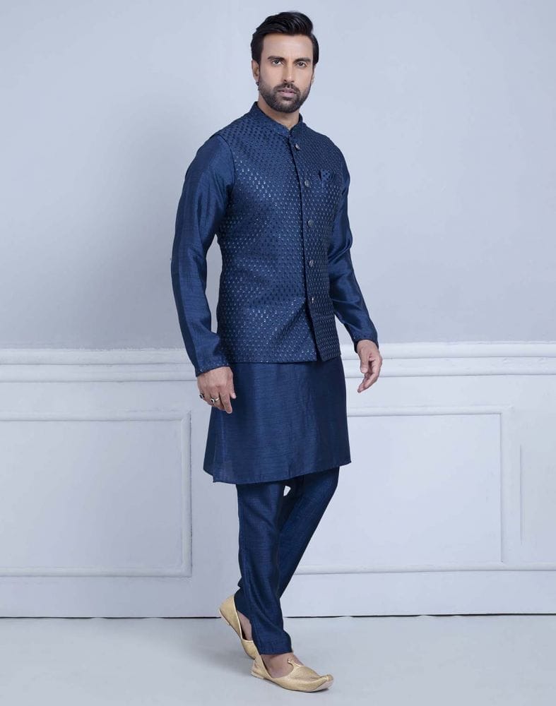 Collection of Impressive Blue Coloured Self Highlighted Design Kurta Jacket Set in a gallery layout