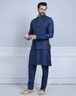 Collection of Impressive Blue Coloured Self Highlighted Design Kurta Jacket Set in a gallery layout