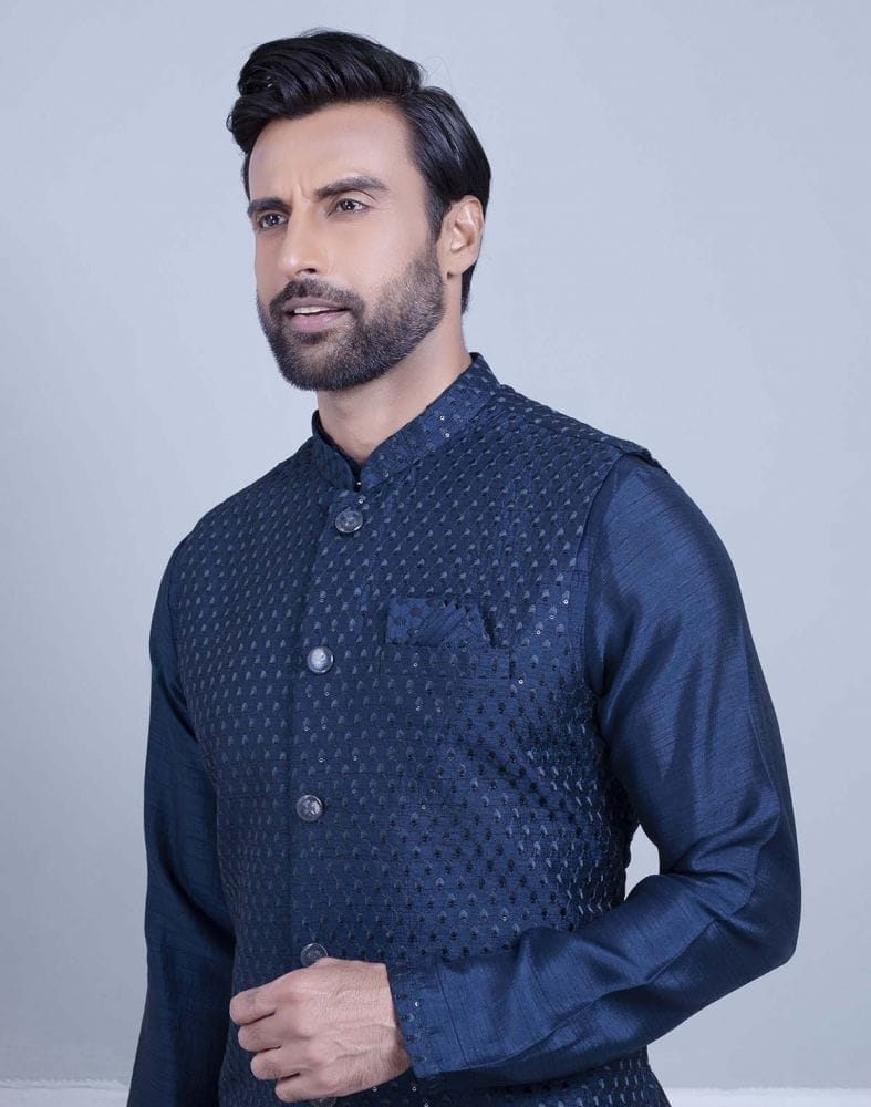 Collection of Impressive Blue Coloured Self Highlighted Design Kurta Jacket Set in a gallery layout