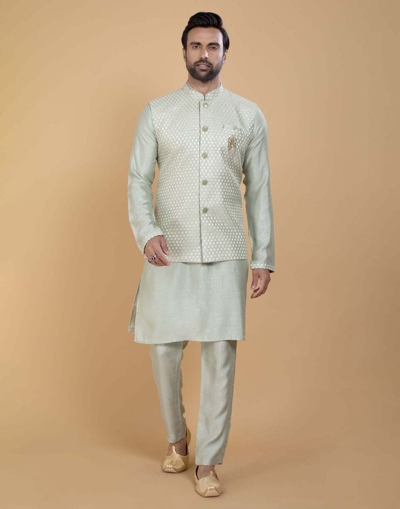 Pista Green Impressive Self Highlighted Design Kurta Jacket Set