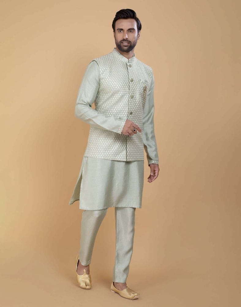 Collection of Pista Green Impressive Self Highlighted Design Kurta Jacket Set in a gallery layout