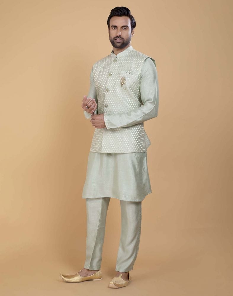 Collection of Pista Green Impressive Self Highlighted Design Kurta Jacket Set in a gallery layout