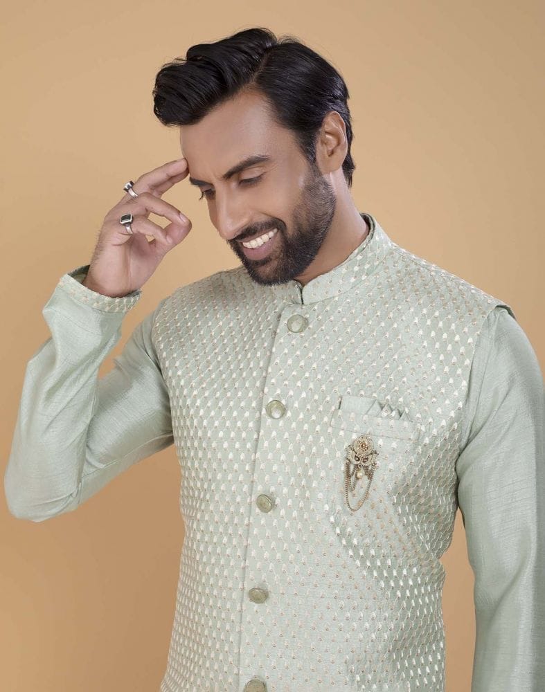 Collection of Pista Green Impressive Self Highlighted Design Kurta Jacket Set in a gallery layout