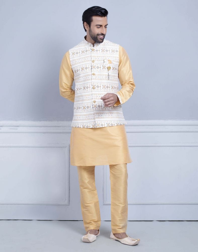 Yellow Self Brocade With Printed Soft Silk Kurta Jacket Set