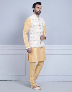 Collection of Yellow Self Brocade With Printed Soft Silk Kurta Jacket Set in a gallery layout