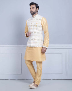 Collection of Yellow Self Brocade With Printed Soft Silk Kurta Jacket Set in a gallery layout