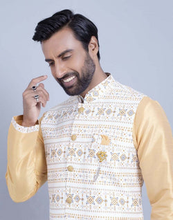 Collection of Yellow Self Brocade With Printed Soft Silk Kurta Jacket Set in a gallery layout