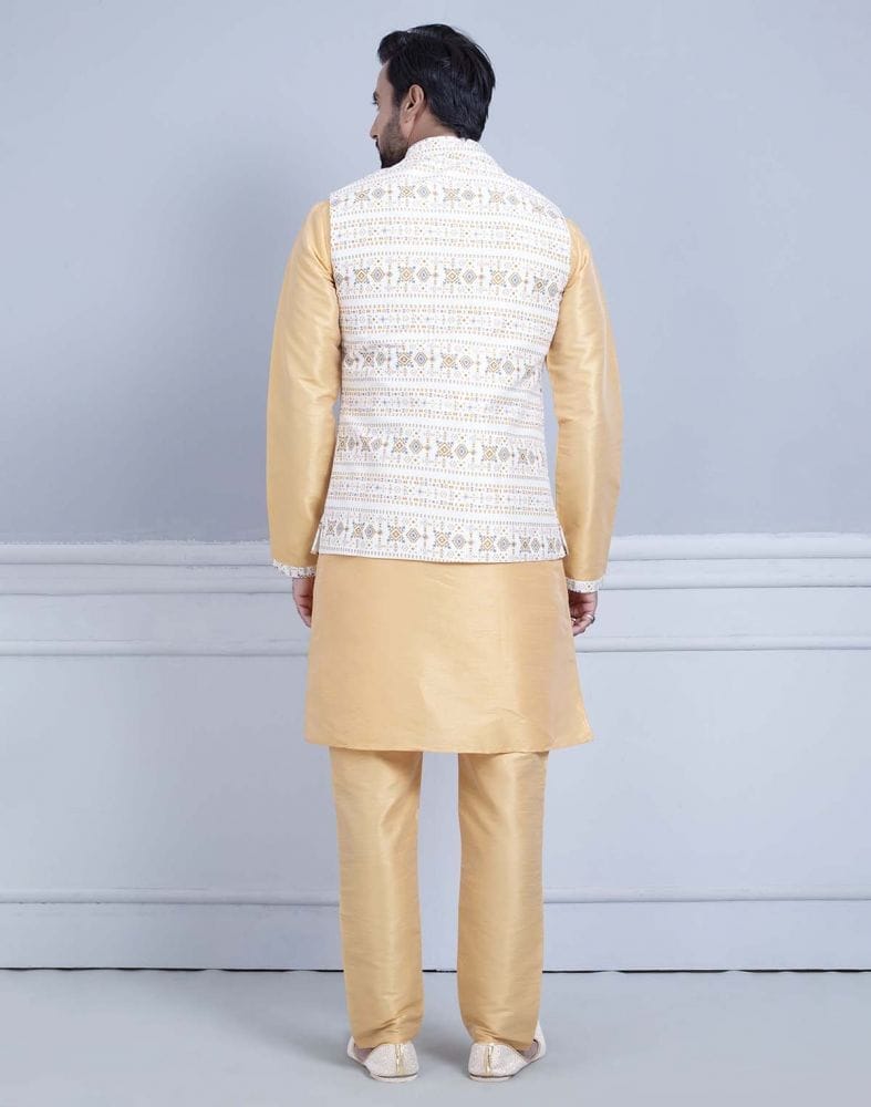 Yellow Self Brocade With Printed Soft Silk Kurta Jacket Set