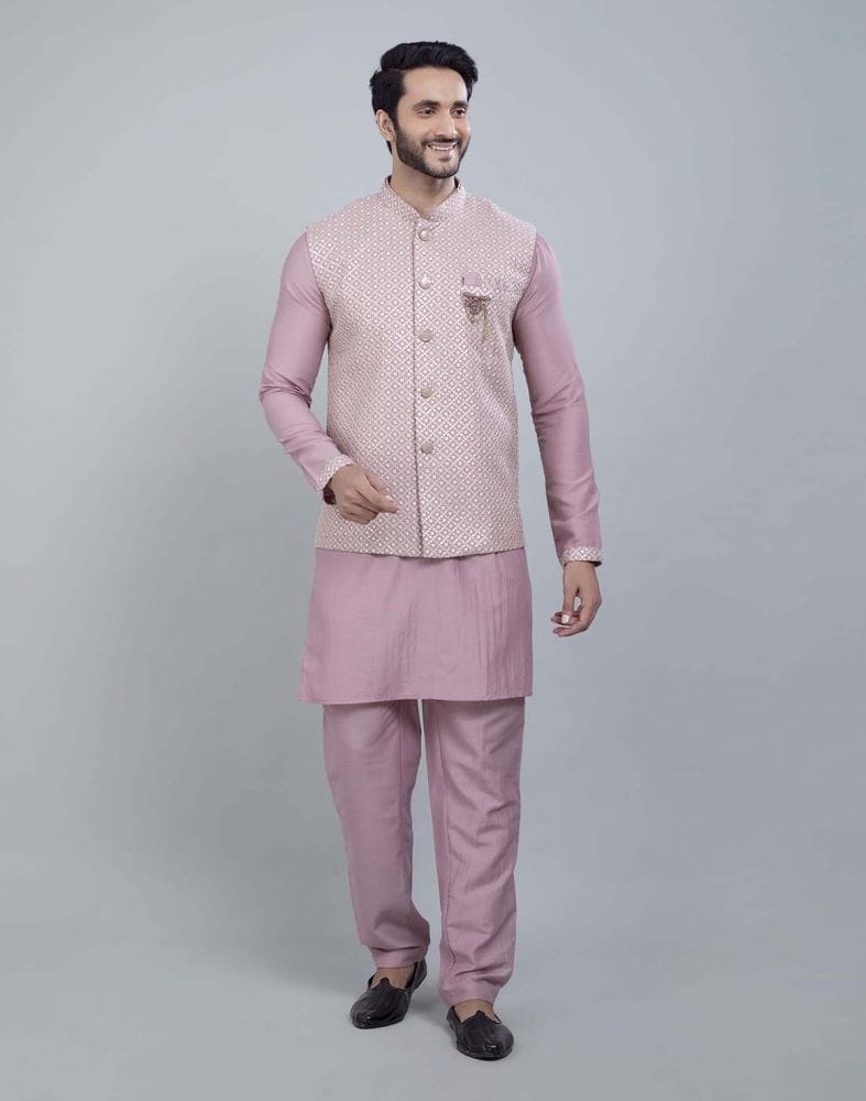 Light Pink All Over Heavy Thread and Sequence Work Kurta Jacket Set