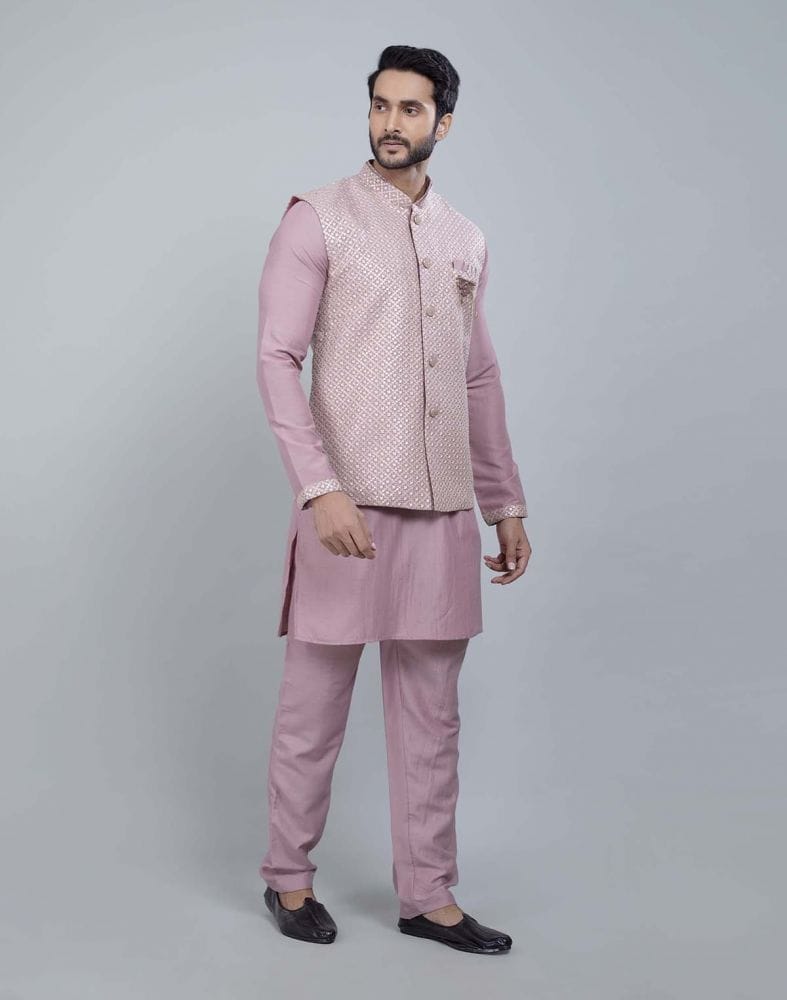 Collection of Light Pink All Over Heavy Thread and Sequence Work Kurta Jacket Set in a gallery layout