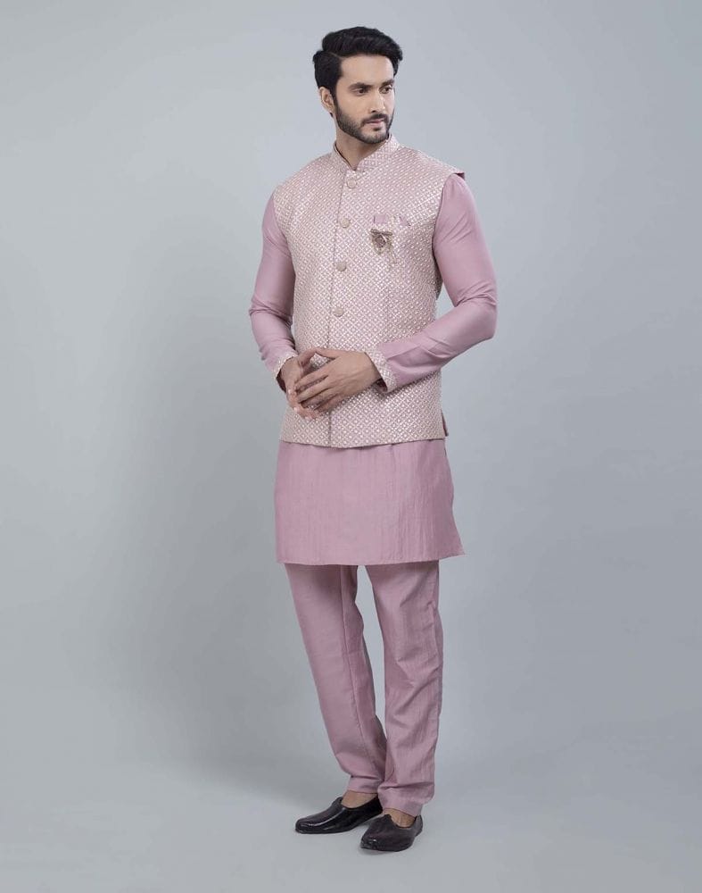 Collection of Light Pink All Over Heavy Thread and Sequence Work Kurta Jacket Set in a gallery layout