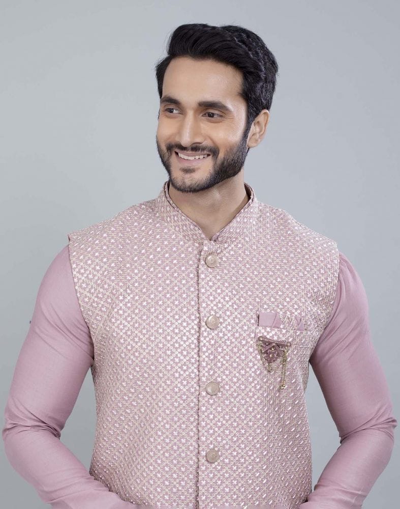 Collection of Light Pink All Over Heavy Thread and Sequence Work Kurta Jacket Set in a gallery layout