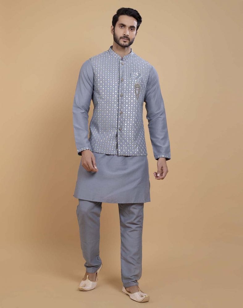 Soft Kurta With Raw Silk Sequence Work Jacket Style