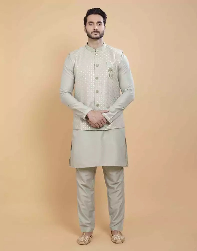 Pista Green Soft Kurta With Raw Silk Sequence Work Jacket Style