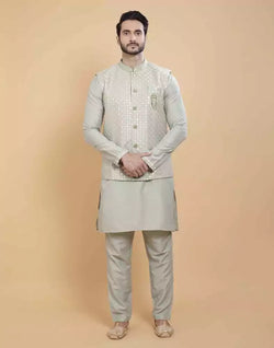 Collection of Pista Green Soft Kurta With Raw Silk Sequence Work Jacket Style in a gallery layout