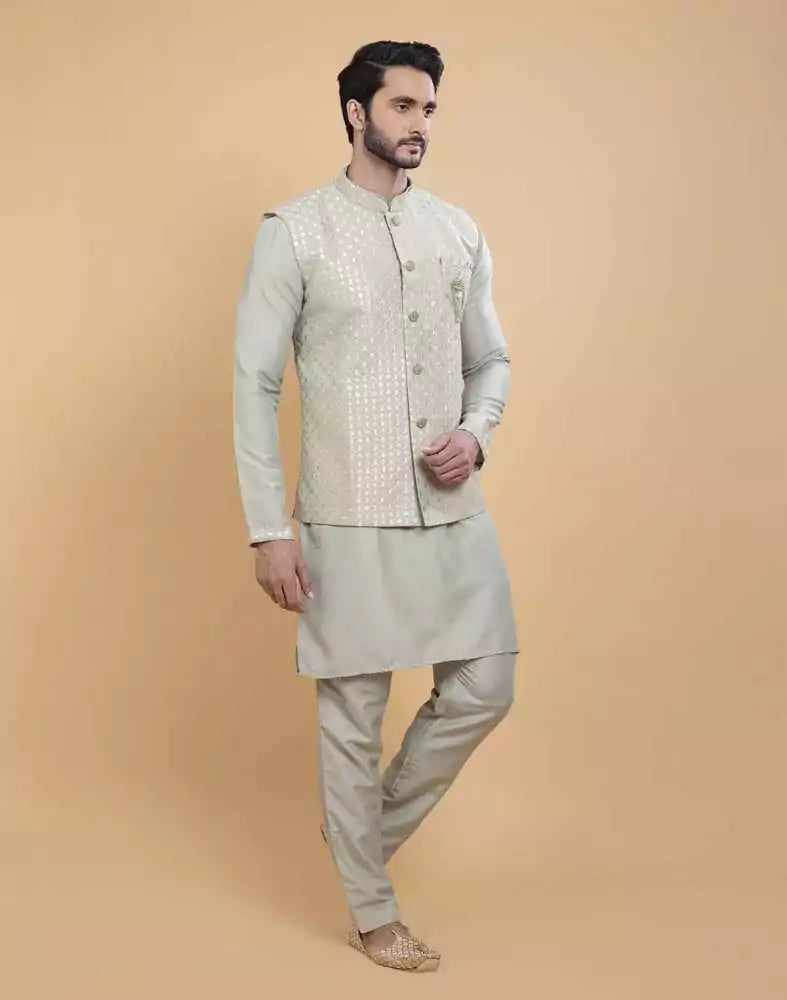 Collection of Pista Green Soft Kurta With Raw Silk Sequence Work Jacket Style in a gallery layout