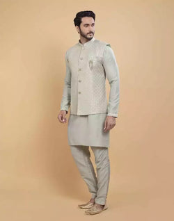 Collection of Pista Green Soft Kurta With Raw Silk Sequence Work Jacket Style in a gallery layout