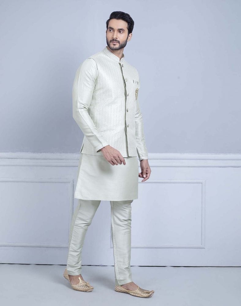 Collection of Stylish Pista Green Raw Silk Sequence Kurta Jacket Set in a gallery layout