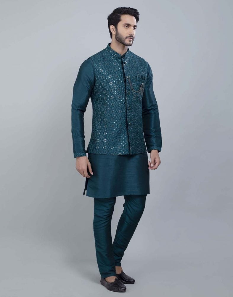 Collection of Rama Green Fabulous Sequence Work Kurta Jacket Set in a gallery layout