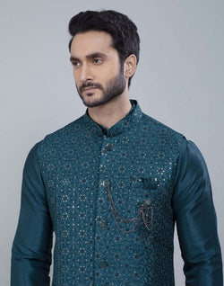 Collection of Rama Green Fabulous Sequence Work Kurta Jacket Set in a gallery layout