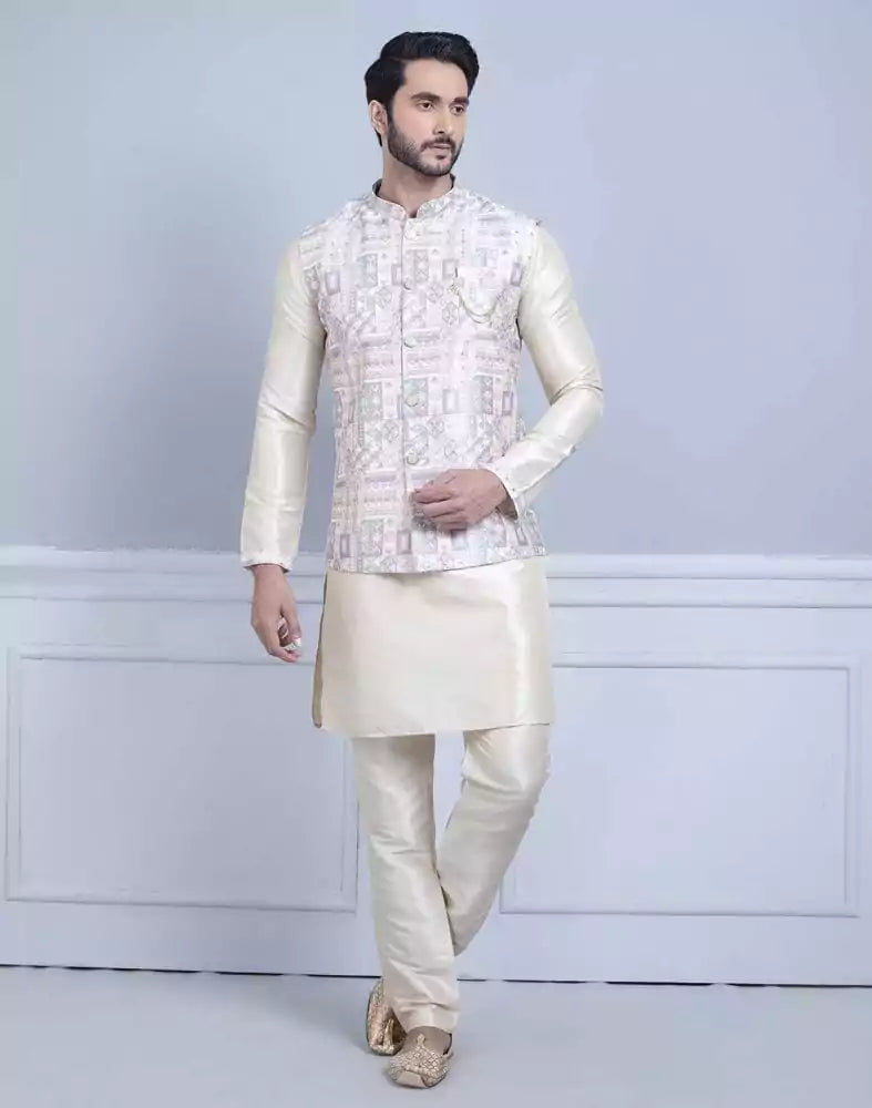 Collection of Brocade With Gold Zari Work Kurta Jacket Set in a gallery layout