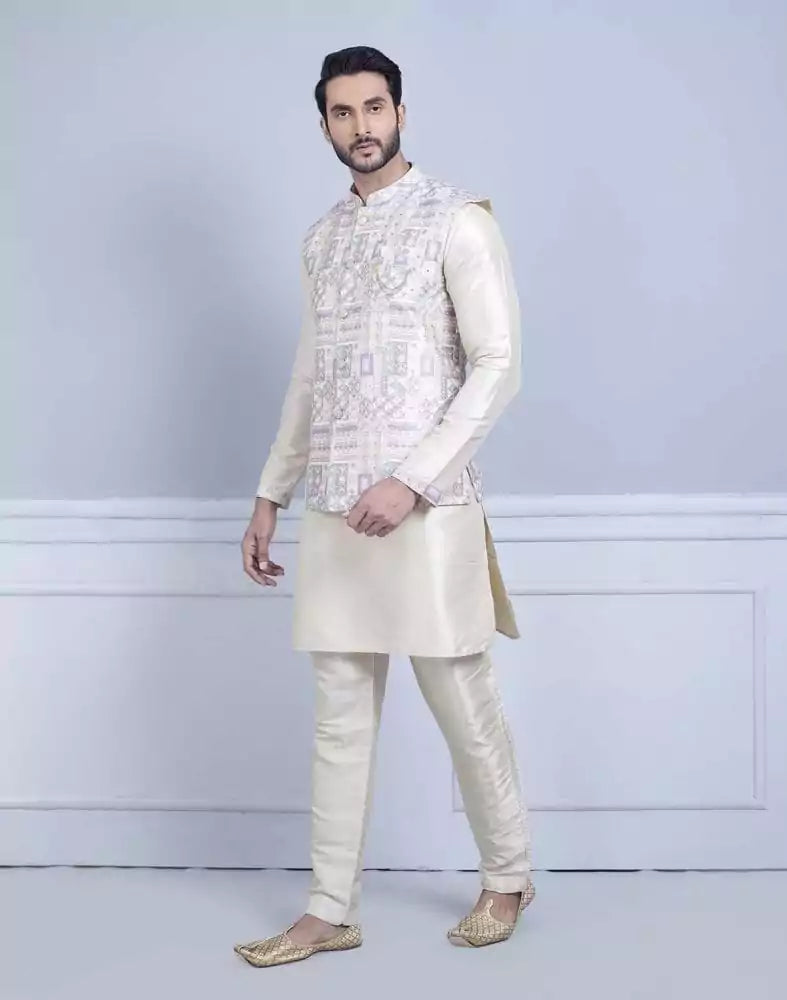 Collection of Brocade With Gold Zari Work Kurta Jacket Set in a gallery layout