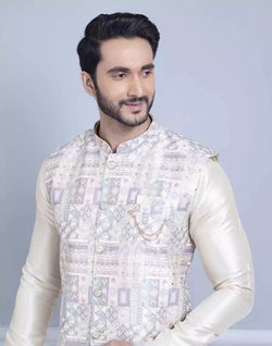 Collection of Brocade With Gold Zari Work Kurta Jacket Set in a gallery layout