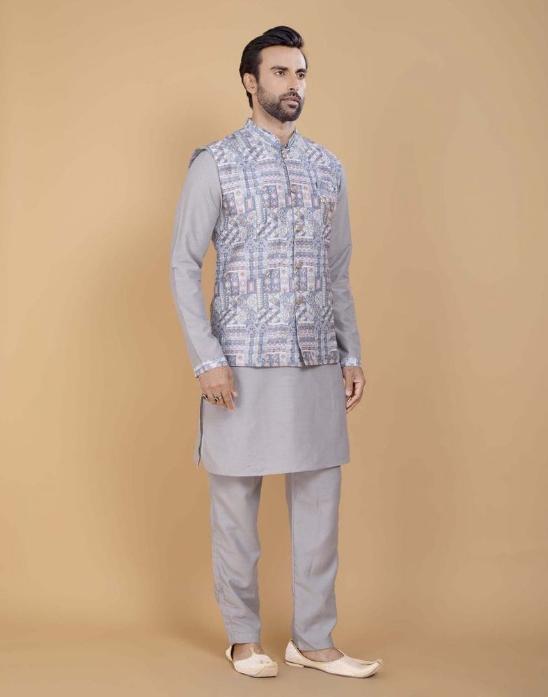 Collection of Grey Brocade With Gold Zari Work Kurta Jacket Set in a gallery layout