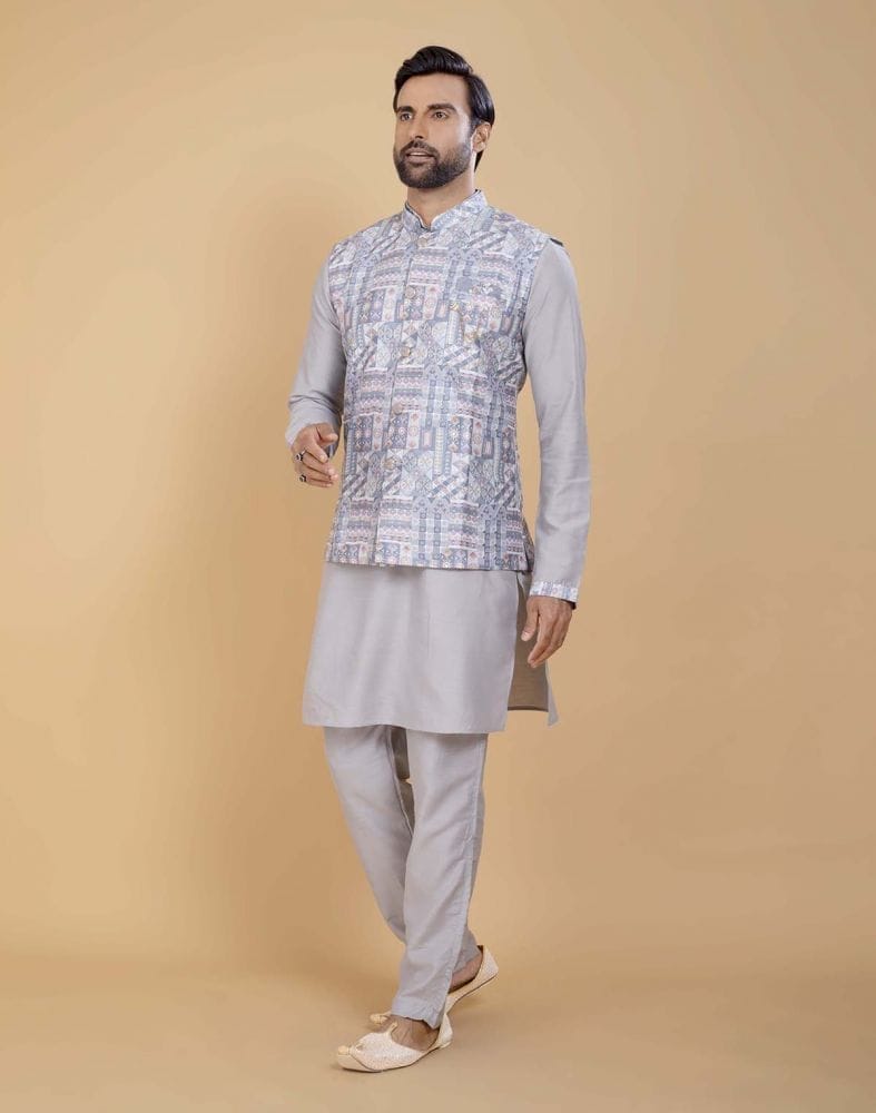 Grey Brocade With Gold Zari Work Kurta Jacket Set