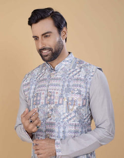 Collection of Grey Brocade With Gold Zari Work Kurta Jacket Set in a gallery layout