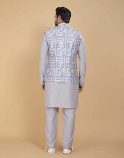 Collection of Grey Brocade With Gold Zari Work Kurta Jacket Set in a gallery layout