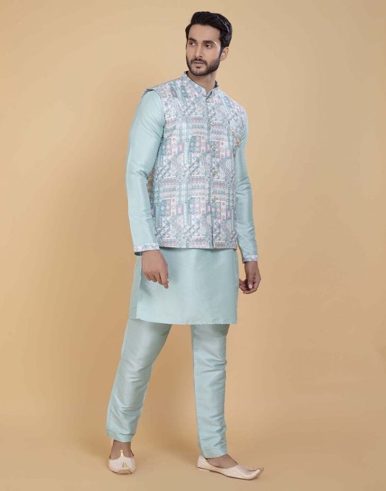 Collection of Sky Blue Brocade With Gold Zari Work Kurta Jacket Set in a gallery layout