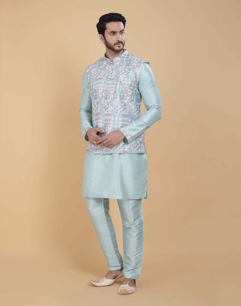 Sky Blue Brocade With Gold Zari Work Kurta Jacket Set