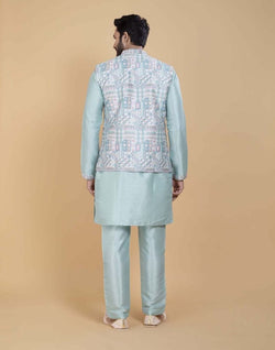 Collection of Sky Blue Brocade With Gold Zari Work Kurta Jacket Set in a gallery layout