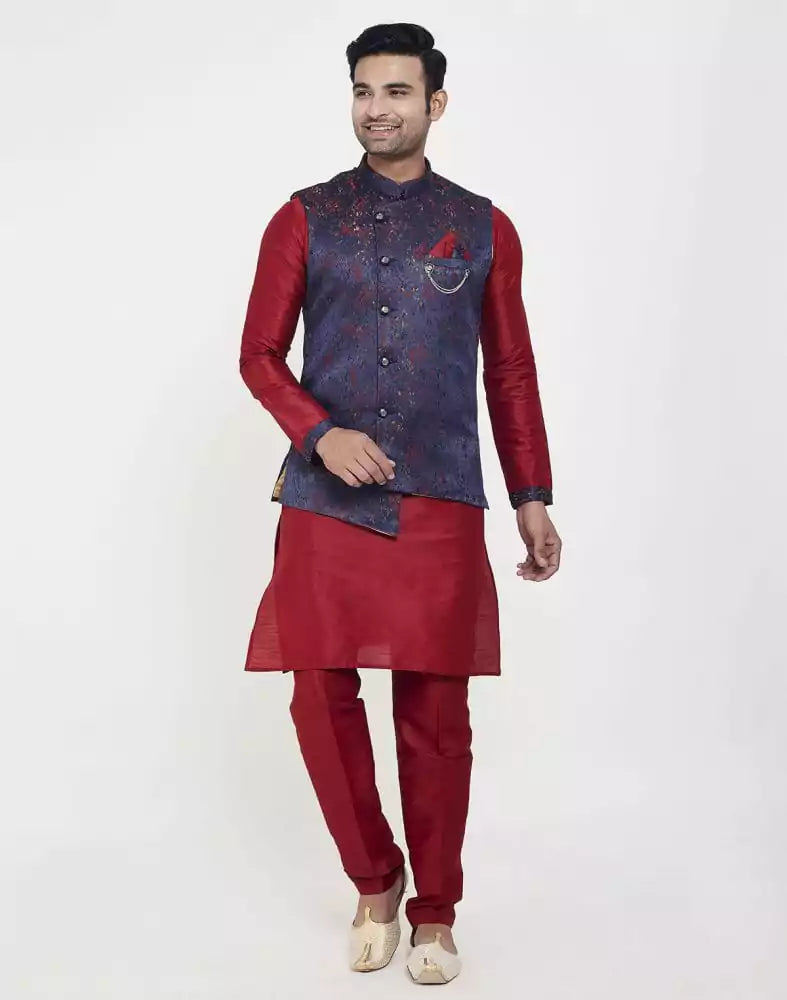 Blue Jacquard Cross Pattern Kurta Set