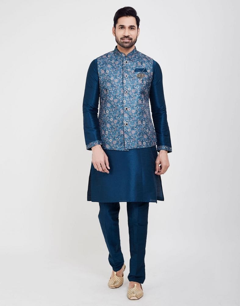 Blue Printed Jacquard Kurta Set