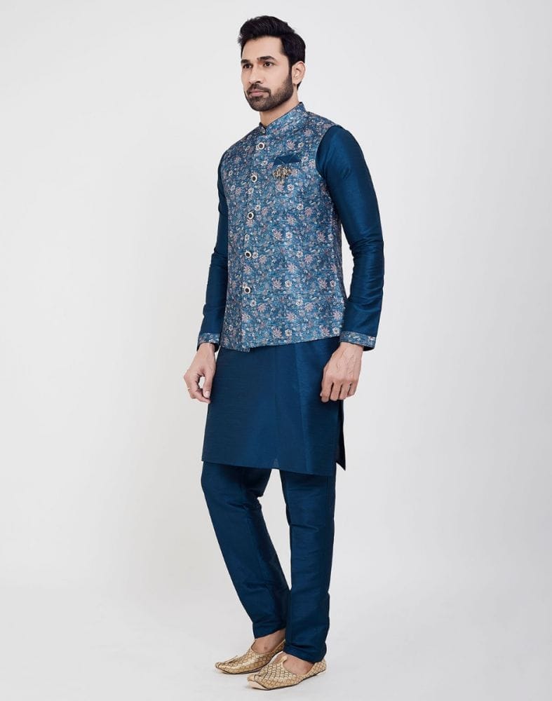 Collection of Blue Printed Jacquard Kurta Set in a gallery layout